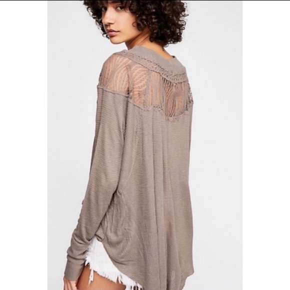 Free People Sweetest Thing Lace Sleeve Thermal Tunic Top Tan S - Picture 3 of 4